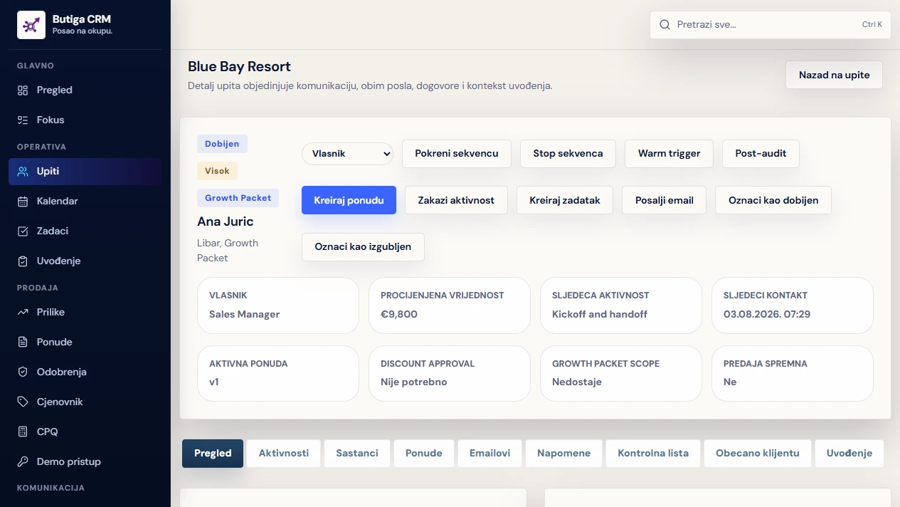 Butiga CRM client, proposal and next-activity screen with demo data